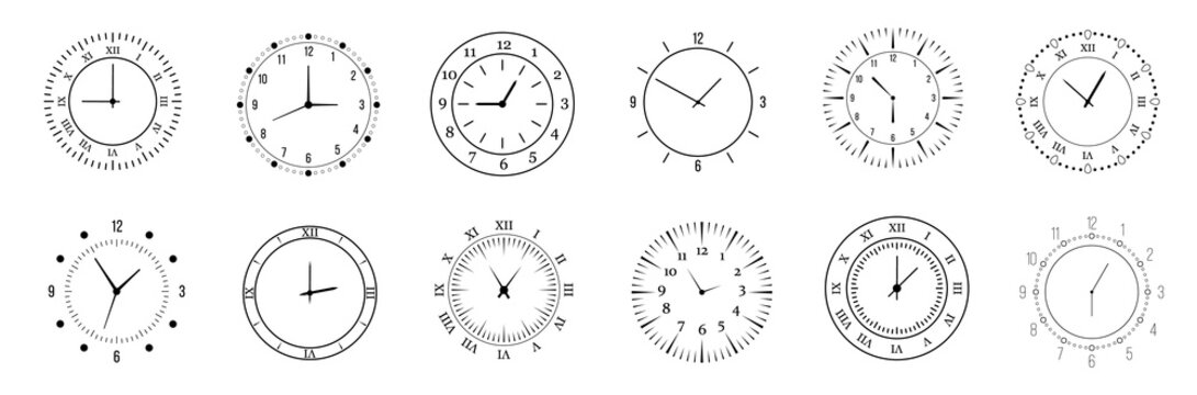 PNG, Minimalist watch, round clocks and watch face. Classic black and white round wall clock isolated on white. Apartment. Vector illustration