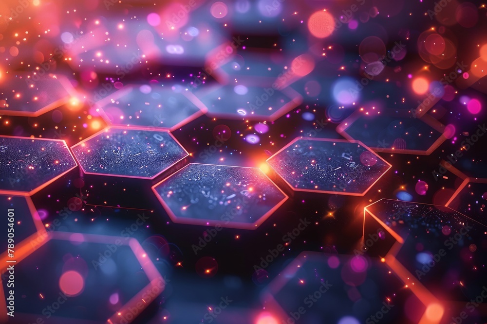 Poster vibrant pink and purple hexagonal shapes with depth and sparkling bokeh lights representing connecti