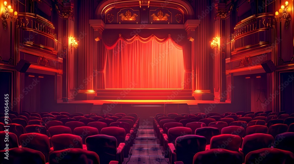 Poster elegant and empty theater interior with red seats and curtains. perfect for event and movie themes. 