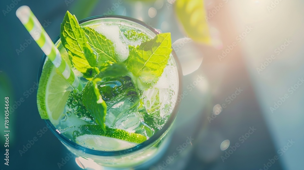 Poster caipirinha mojito cocktail vodka or soda drink with lime mint and straw on table background refreshi
