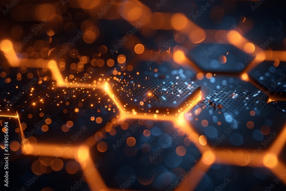 Poster detailed image with vivid orange hexagonal shapes connected, depicting high-tech networking or commu
