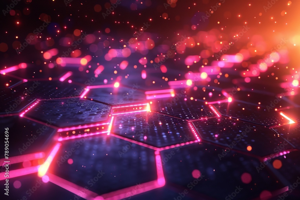Poster abstract background featuring glowing hexagons in a geometric pattern, symbolizing connectivity and 
