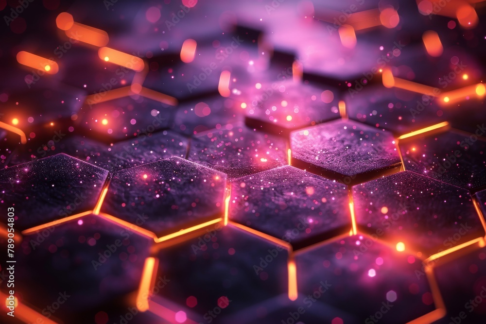Poster an extreme close-up of a digital surface made of glowing hexagons may represent artificial intellige
