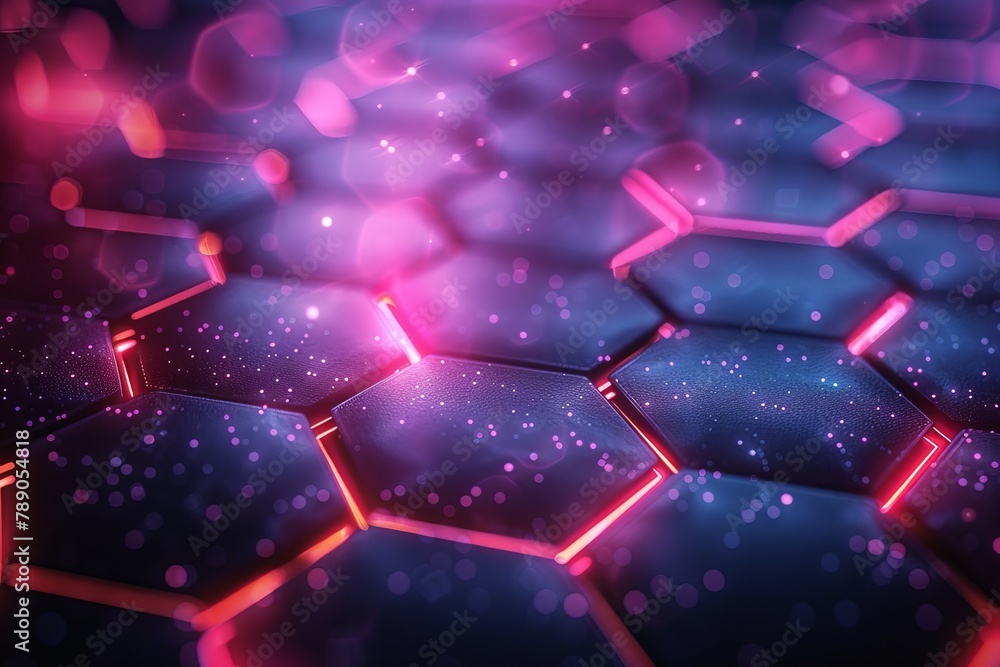 Poster vibrant hexagon cells with pink and blue illumination and light particles creating a dynamic and mod