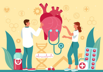 Health heart. Medical check. Doctor medicine research. Cardiology treatment. Patient body. Cure cardio disease. Cardiovascular illness. Female examination. Human wellness. Vector tidy clinic concept