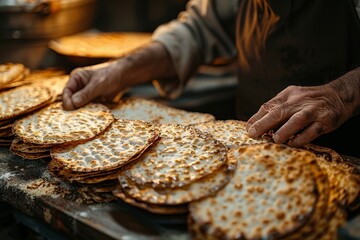 Artisan's hands elegantly handling freshly baked matzo flatbread with perfect golden color in a professional bakery