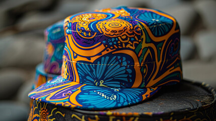 A sleek newsboy cap with a modern twist, featuring bold patterns and vibrant colors,