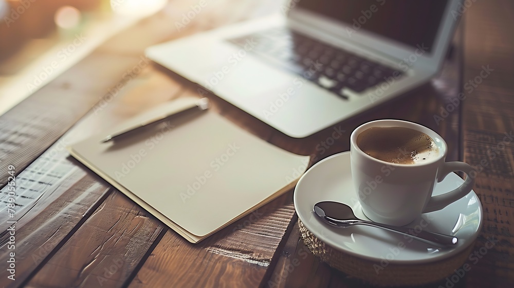 Aufkleber desk office with laptop blank notepad coffee cup and pen on wood table flat lay top view copy spce :