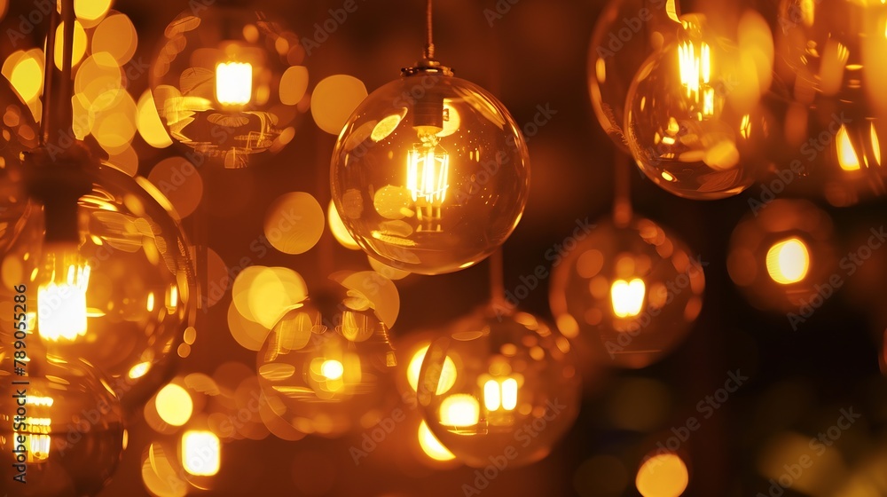 Poster classic sphere lighting bulbs are glowing in orange warming shade there are hanging from ceiling in 