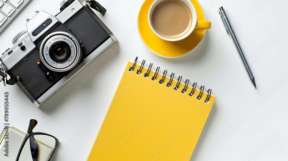 Aufkleber workspace with notebook keyboard photo camera open notebook sketchbook and coffee on white background Flat lay top view office table desk : Generative AI