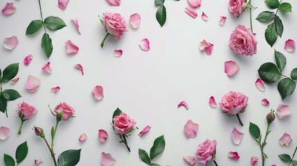 frame with pink roses branches leaves and petals isolated on white background flat lay overhead view : Generative AI