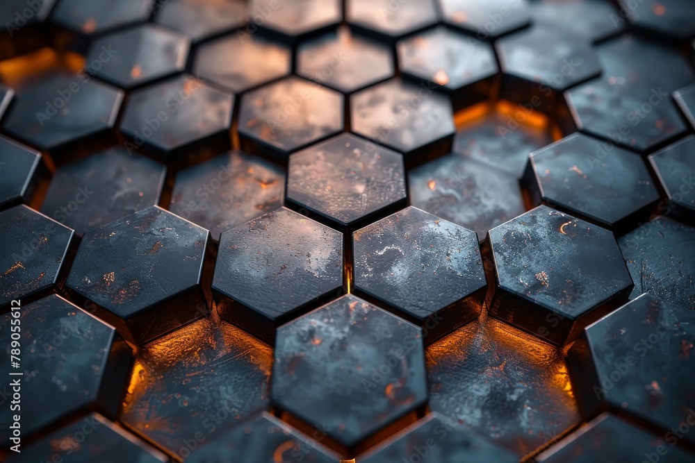 Poster detailed shot of a dark hexagonal pattern with warm glowing edges, suggesting connectivity and unity