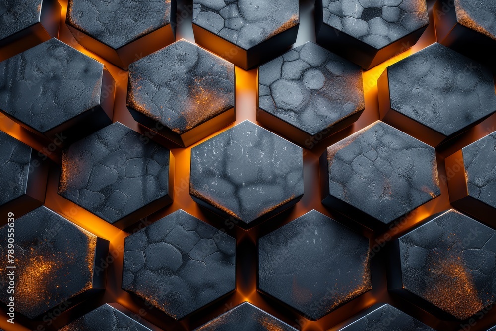 Poster artistic interpretation of a futuristic hexagonal surface where each shape is outlined by a luminous