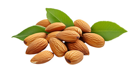 Group of almond nuts with leaves isolated on a white background 