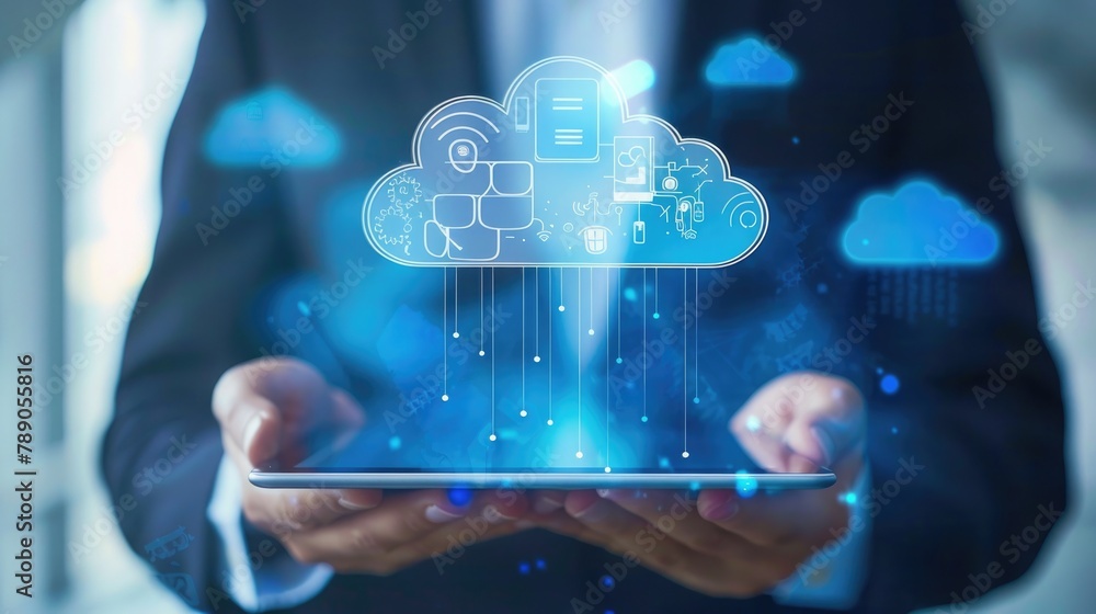 Poster businessman holding tablet computer and cloud computing icon over . generative ai