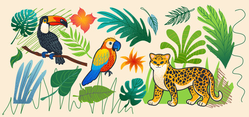 Animal jungle. Toucan bird, parrot and leopard, zoo safari. Nature pattern spot, tropical African forest. Drawing flower and exotic palm leaves, garden doodle. Vector funny rainforest art illustration