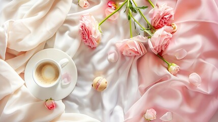 Breakfast in bed pastel flat lay composition with flowers a cup o coffee and sweets Concept womans or mothers day top view : Generative AI