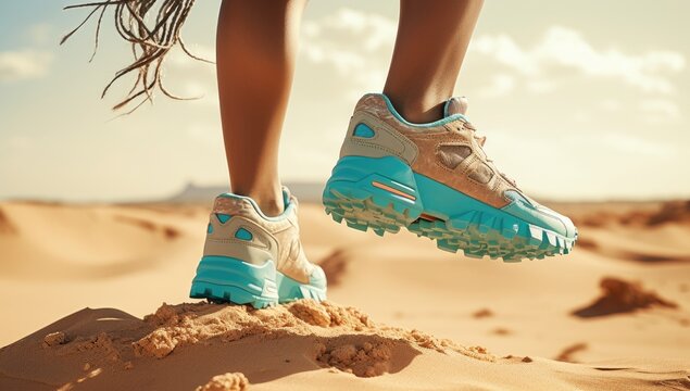 Close-up shot of running shoes on a sandy path.