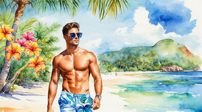Portrait of handsome men shirtless wear sunglasses walking on the beach, watercolor painting style, generative AI.