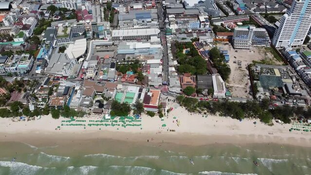 Aerial drone view of Thai Patong Beach and Bangla Road known for its nightlife lined with many bars cafes and discotheques prostitution in Thailand is illegal but tolerated 4k high resolution