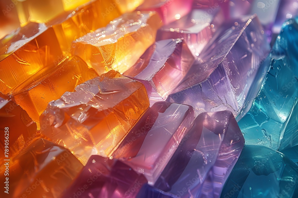 Poster a visually stunning array of colorful geometric ice blocks with light refractions creating a vibrant