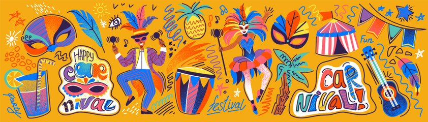 Carnival festive banner. Element dance and music party, background Brazil. Fun fair, Brazilian art, abstract Latin, summer, happy men and women, Mexico mask, drum and guitar. Vector event cartoon set
