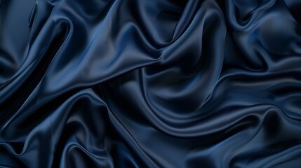 Dark blue silk satin Soft folds Fabric Navy blue luxury background Space for designWavy linesBanner WideLong Flat lay top view table Beautiful Elegant Birthday Christmas Valentines Day : Generative AI