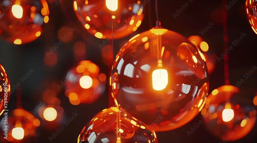 Poster classic sphere lighting bulbs are glowing in orange warming shade there are hanging from ceiling in 