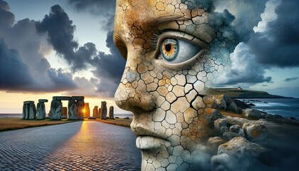 Surreal Eye Overlooking Ancient Stonehenge - obrazy, fototapety, plakaty