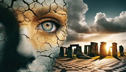 Surreal Eye Overlooking Ancient Stonehenge - obrazy, fototapety, plakaty