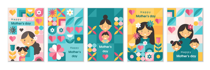 Mother s Day cards. Girls holiday. Abstract geometry. Happy mom with kid. Minimal geometric collage. Scandinavian mosaic. Floral spring modern pattern. Brutalism design. Vector celebration posters set