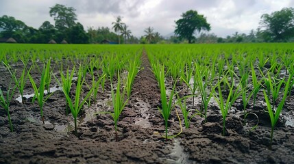 Naklejka premium Rice seedlings being nurtured in the field prior to cultivation