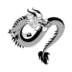 Dragon silhouette. Chinese traditional new year 2024 symbol. Isolated on white background black element for decor. Oriental logo, emblem or print design. Ethnic tattoo. Vector animal illustration