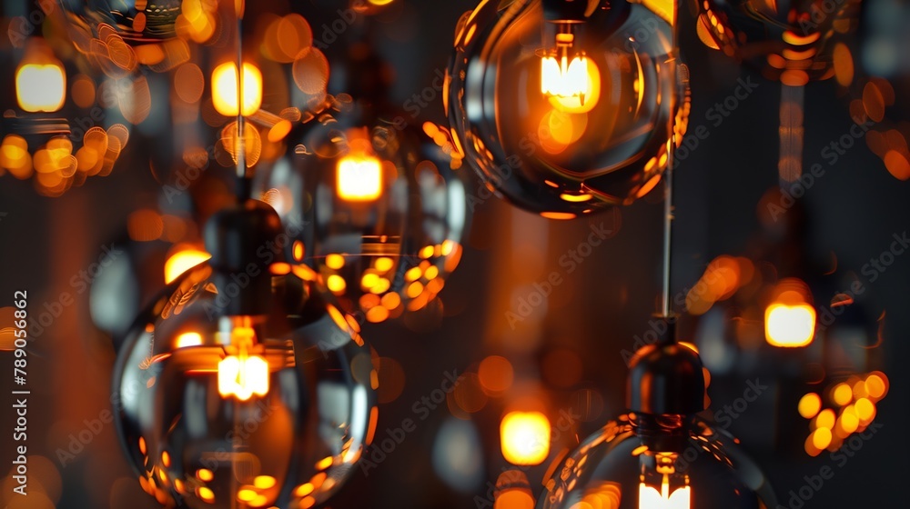 Poster classic sphere lighting bulbs are glowing in orange warming shade there are hanging from ceiling in 