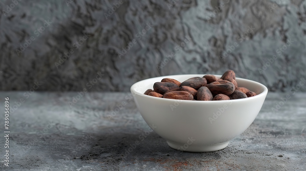 Aufkleber Roasted cocoa beans in a white bowl On a gray stone background Side view : Generative AI