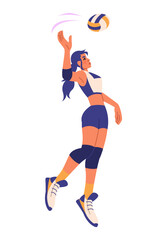Volleyball player. Woman jumping with ball. Active hobby. Professional female team. Sport competition match. Athletic exercise. Playing athlete pose. Hitting motion. Vector isolated young volleyballer