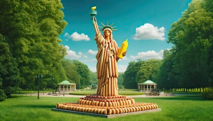 Statue of Liberty Reimagined with Hot Dogs and Mustard - obrazy, fototapety, plakaty