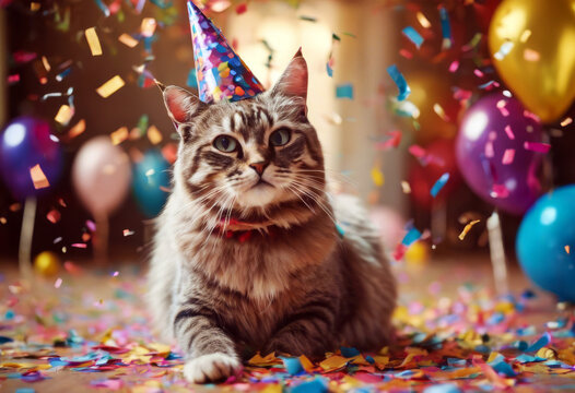 confetti created party Happy festive hat cat concept Birthday ai generate celebration fun celebrate cake gift candle cupcake colourful present word decoration anni