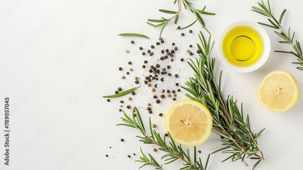 Poster bunch of green fresh rosemary with pepper salt lemon and oil on the light white background herbs and