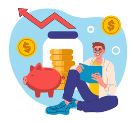 Money savings. Investment success. Happy man with piggy bank and glass jar for gold coins. Finance investing. Cash profit from hobby craft. Financial growth chart. Income accounting. Vector concept
