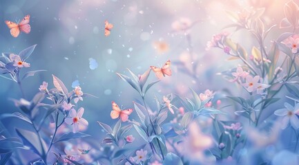 A delicate tableau of spring, where blossoming flowers meet the soft hues of a dreamy backdrop, with a dainty butterfly fluttering amidst petals dusted with magical bokeh sparks