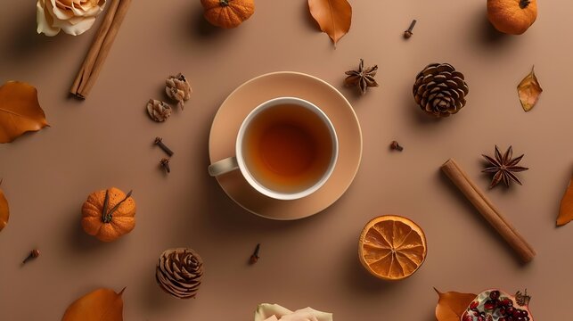 Autumn Flat lay composition Cup of tea autumn dry bright leaves roses flowers orange circle cones decorative pomegranate cinnamon sticks on brown beige background top view Autumn fall  : Generative AI