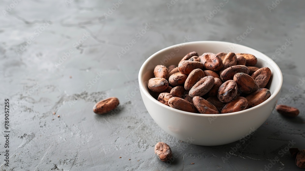 Aufkleber Roasted cocoa beans in a white bowl On a gray stone background Side view : Generative AI