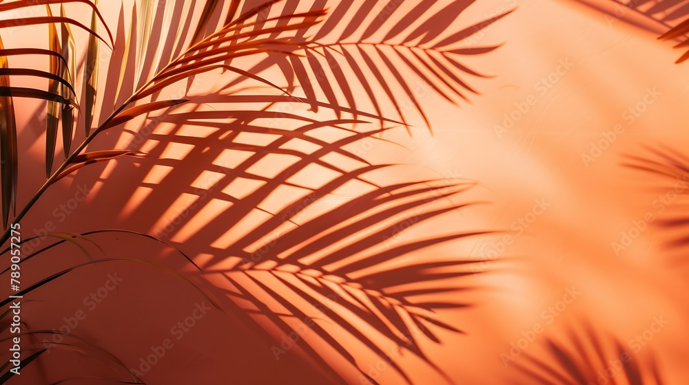 Aufkleber red and orange color background with tropical palm shadow two trend pastel paper and exotic plant sh