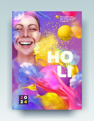 Paint splash. Holi poster. Hindu traditional holiday. Colorful dust explosion splatter. Gulal powder balls blast. Happy woman face. Indian celebration. Festival play party. Vector invitation banner