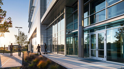 Corporate Headquarters: Modern Architecture, Busy Entrance