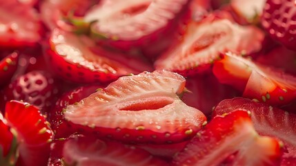 Strawberry background Blurred natural red background Texture of strawberry berries Beautiful sliced strawberries closeup Horizontal closeup nobody Healthy eating concept : Generative AI