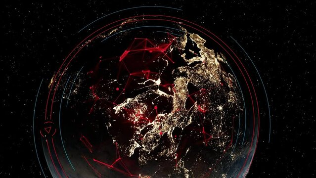 spinning planet  earth globe view from space with animation of electromagnetic field 