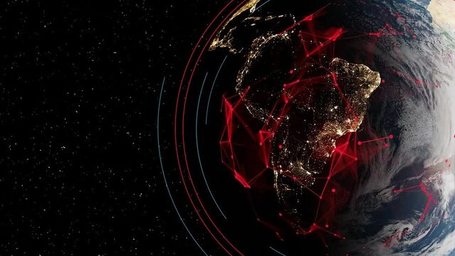 space view of planet earth globe spinning  illuminated at night with electromagnetic connection data big city rendering animation