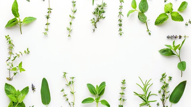 Rosemary mint lavender marjoram sage lemon balm and thyme layout Creative frame with fresh herbs on white background Top view flat lay Healthy eating and alternative medicine concept : Generative AI